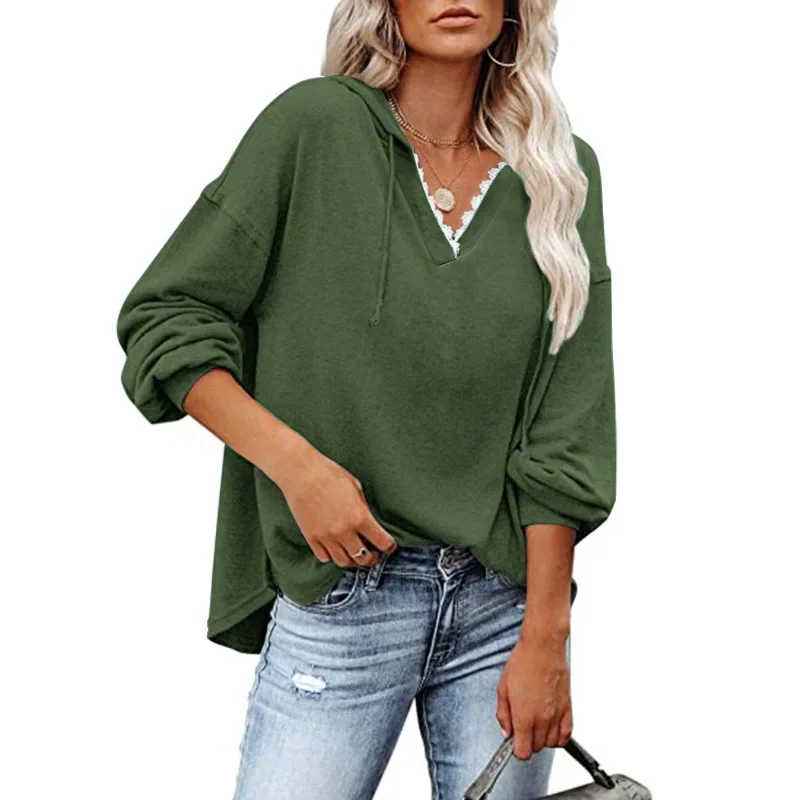 

Lace Collar Hooded Sweatshirts Women Solid Colors Loose Casual Pullovers Spring Autumn Fashion All-Match Hoodies Chic Streetwear