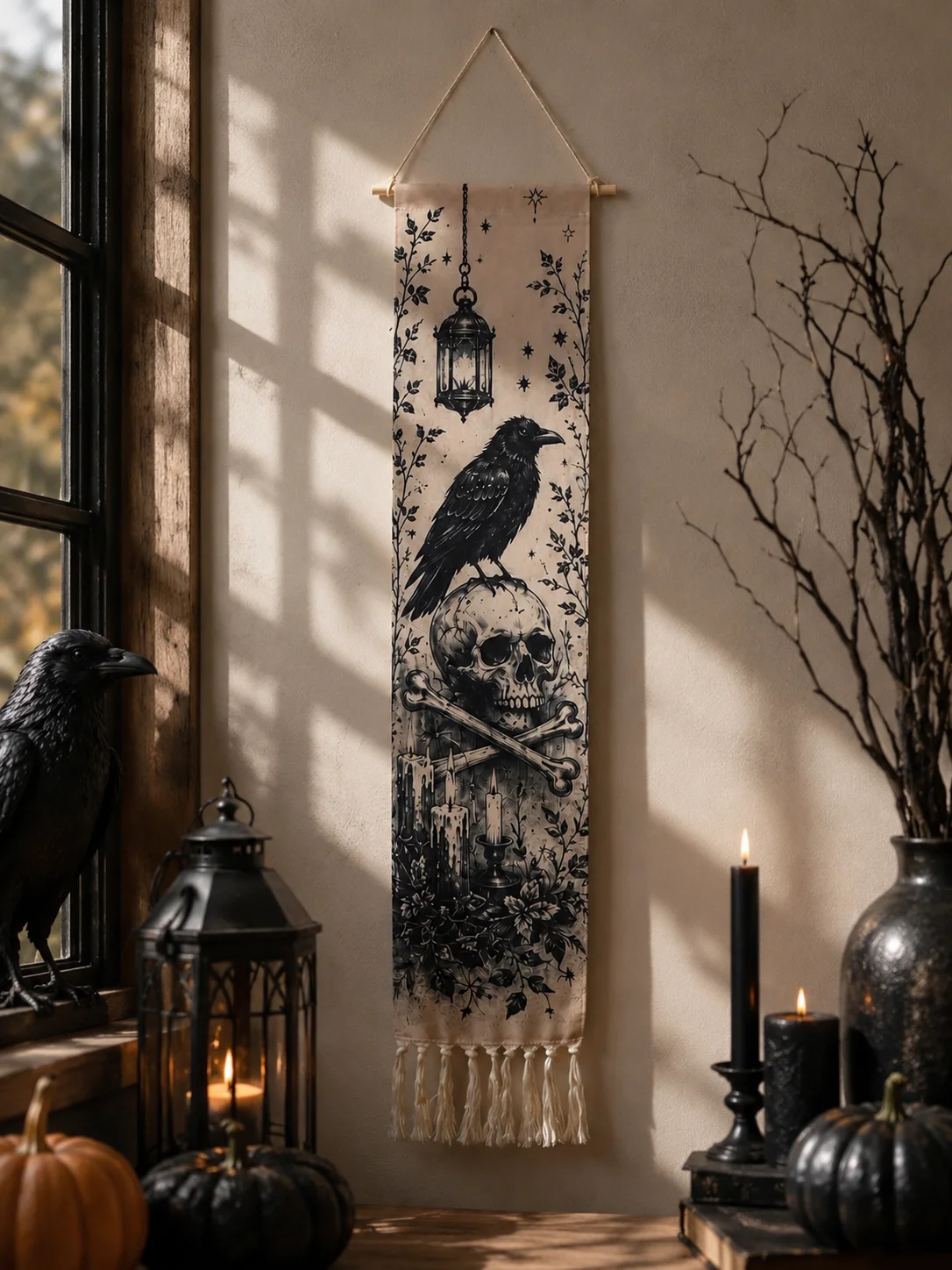 Halloween-Wandteppich mit Quasten, Gotische Hexe, Schwarze Katze, Krähe, Geisterhaus, Totenkopf-Druck, Vintage Grusel-Wandbehang Deko – Detail 11