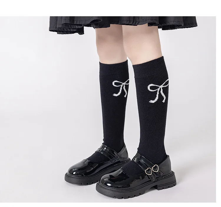 3pairs Girls' Knee-high Slouch Socks Black White Gray Bow Spring Stackable Tights For Kids 3-12Y Children Casual School Sockens