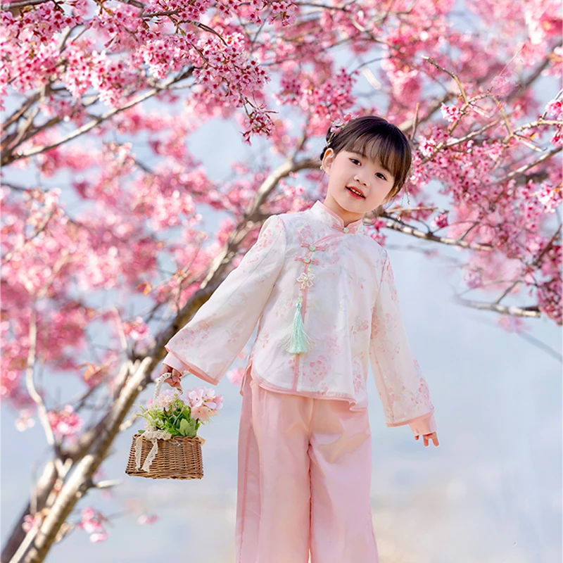 Chinese Style Hanfu Girls\' Party Dresses Spring Clothes Cloud Shoulder Jacket Dress Ancient Costume for Little Girls