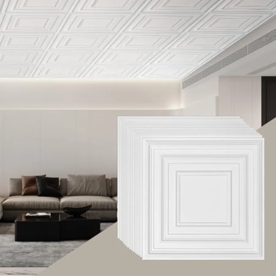 

Ceiling Tiles, 12-Pack 24 x 24 in, Drop Ceiling Tiles Premium PVC Sheet, Easy Installation/Cutting Plastic Glue-up Ceiling Tile