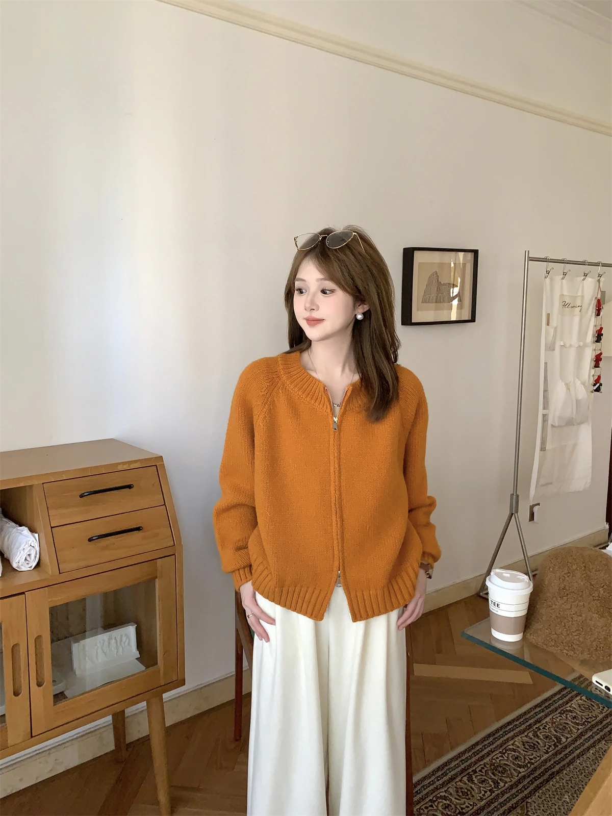 

FUGUI RICH Orange Zipper Hoodie Knitted Sweater Women's Faion Stand Fit Long Sve White Enhancing Autumn Winter Top