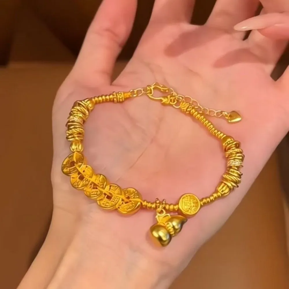 Retro Brushed Finish Coin Pendant Bracelet Gold Color Exquisite Bead Bracelet Jewelry Gift Chinese Style Bracelet For Women