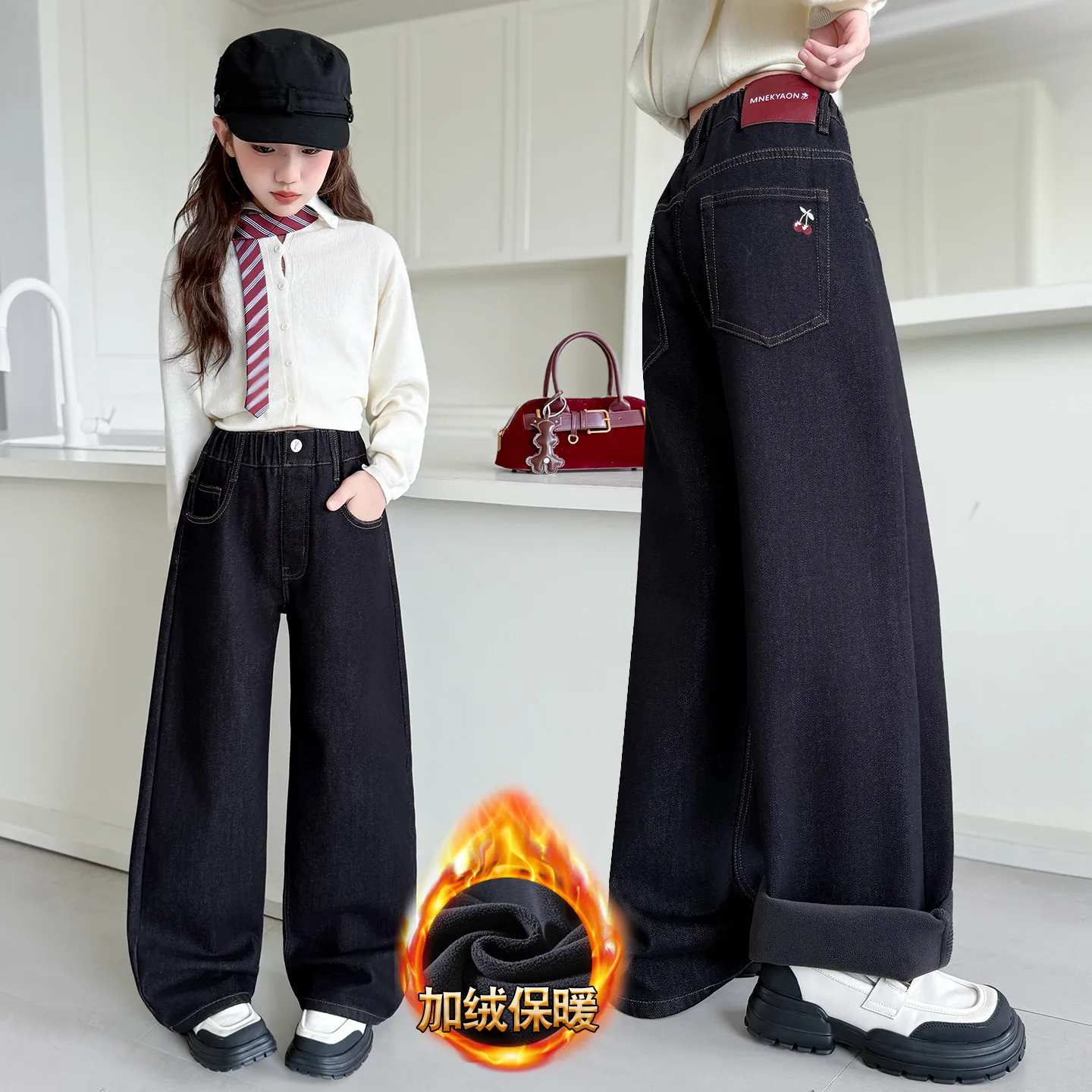 

Children's Autumn Winter Korean Cherry Embroidery Denim Pants Kids Fashion Elastic Waist Trousers Girls Fleece Wide Leg Jeans