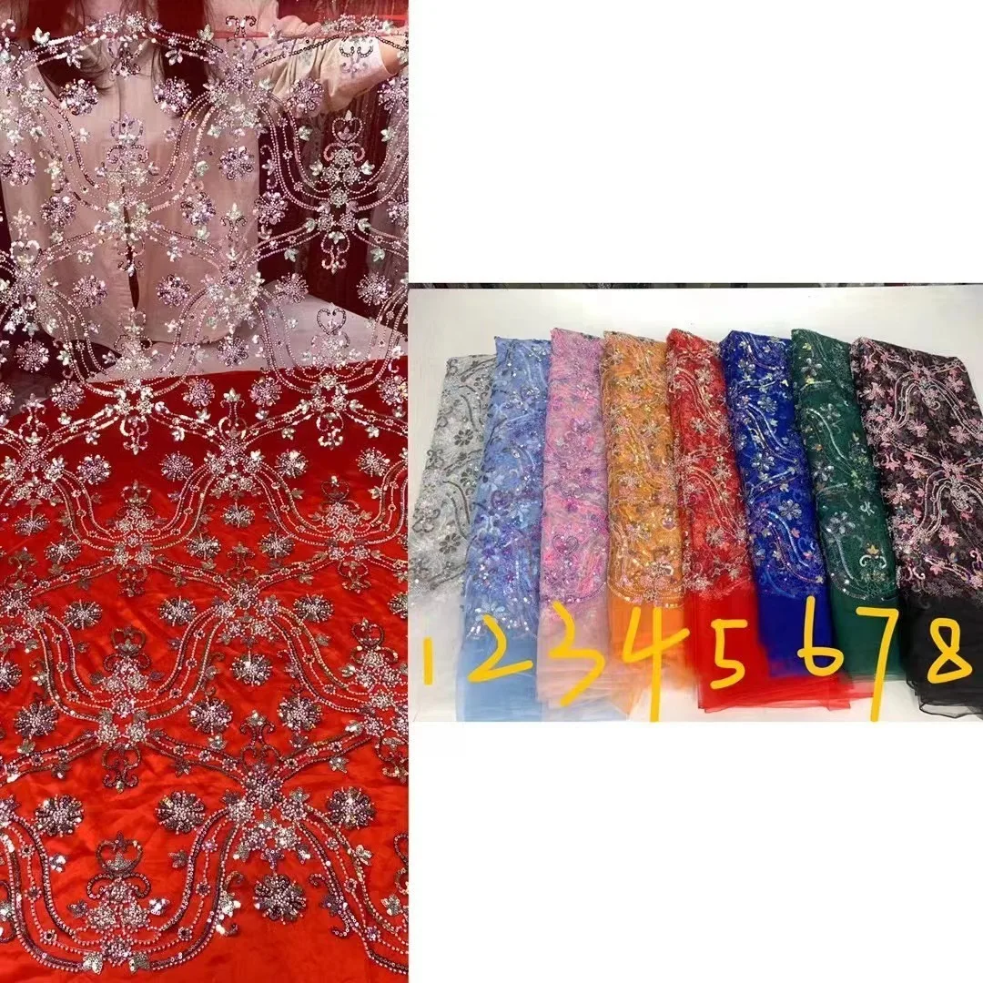 Nigerian Mesh Net Lace Fabric African Sequins Lace Fabric With Beads High Quality French Mesh Tulle Lace Fabric With Sequins