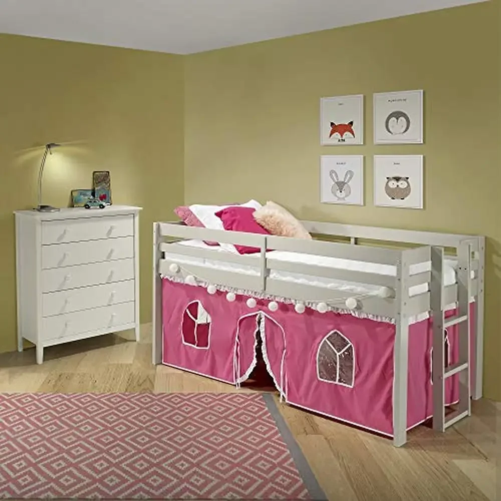 Twin Loft Bed with Pink/White Playhouse Tent Dove Gray Frame Storage Feature 175lb Capacity Pine Material 80