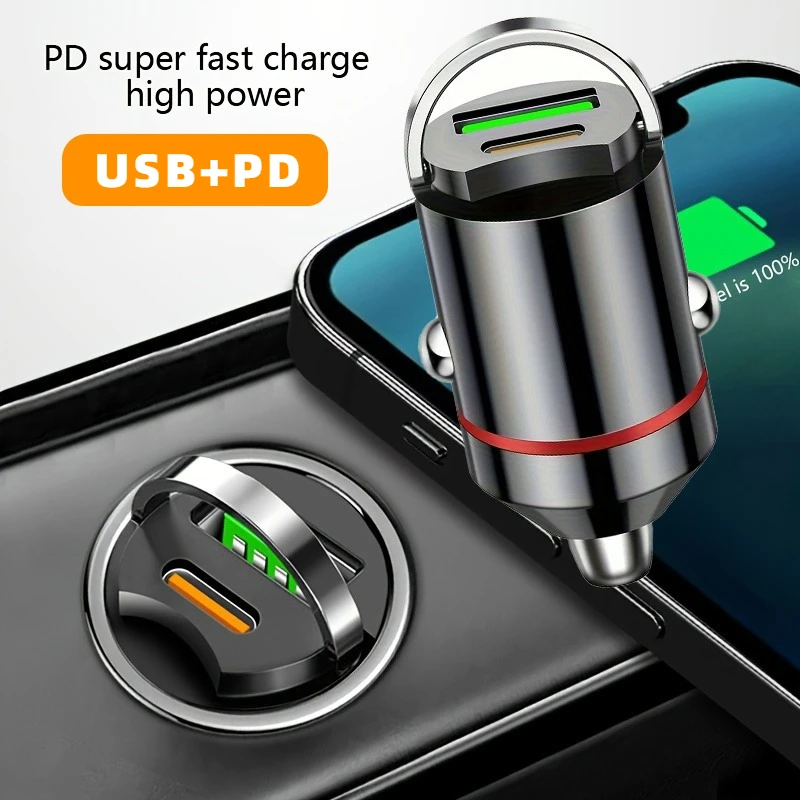 100W/30W QC3.0 Mini Car Charger PD Type C Fast Charging For iPhone 15 Samsung Xiaomi Huawei Dual Port Charger Cigarette Lighter