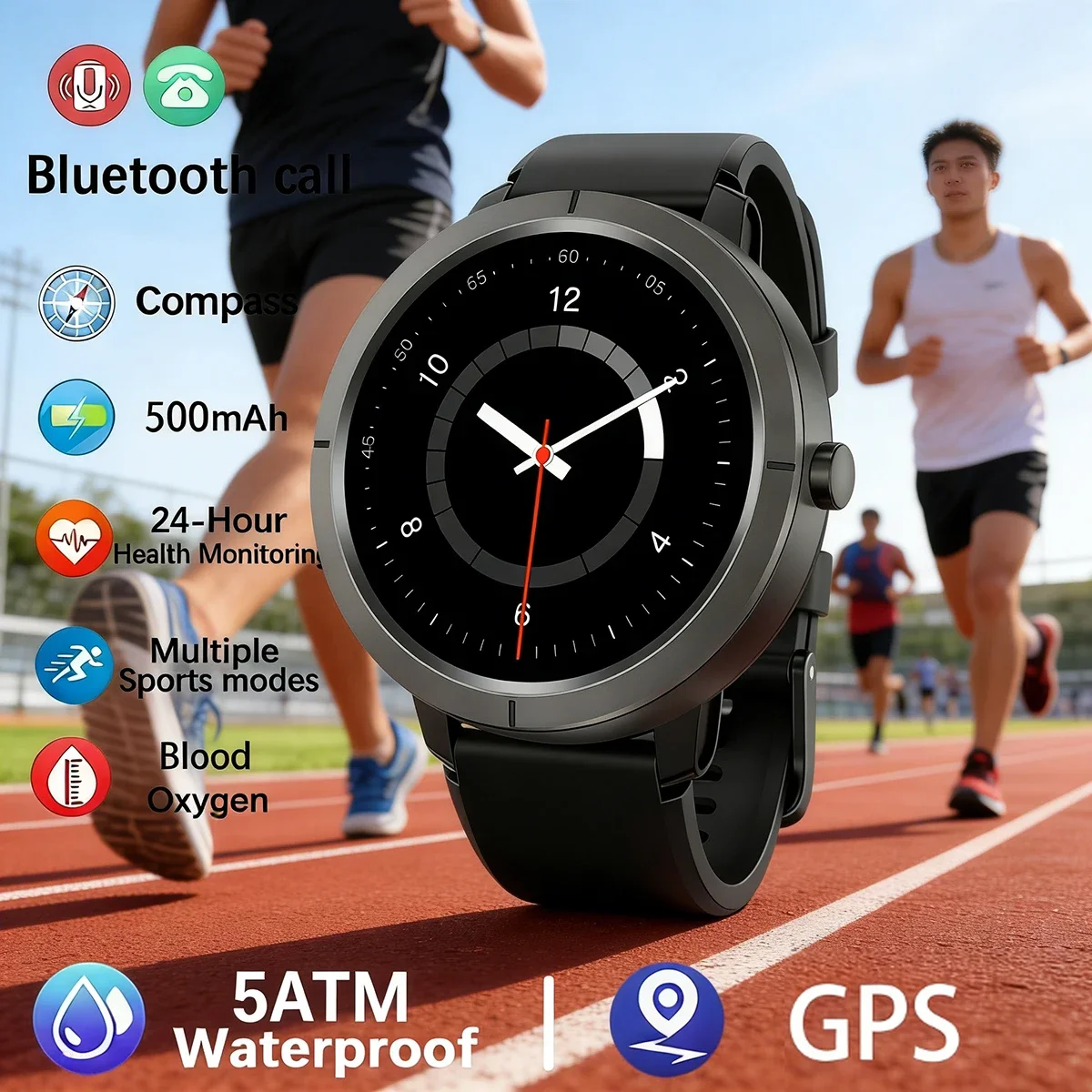 

Мужские смарт-часы с GPS, водонепроницаемые (5ATM), сенсорный экран 1.32' AMOLED, Bluetooth, компас, альтиметр, барометр