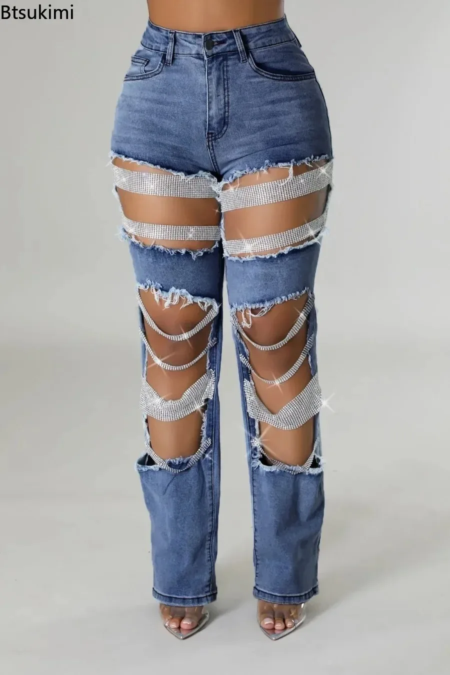 새로운 2025 여성의 높은 허리 청바지 바지 진주 구슬 속이 빈 스트레이트 청바지 라인 석 술 디자인 데님 바지 여성