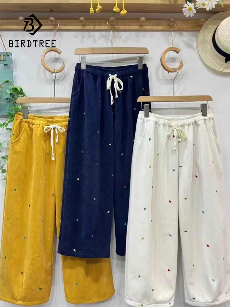 

New 2025 Winter Corduroy Fleece Pants, Women Elastic Waist Embroidery, Mori Girl Age Reduction Casual Wide-leg Trousers B5D356CC