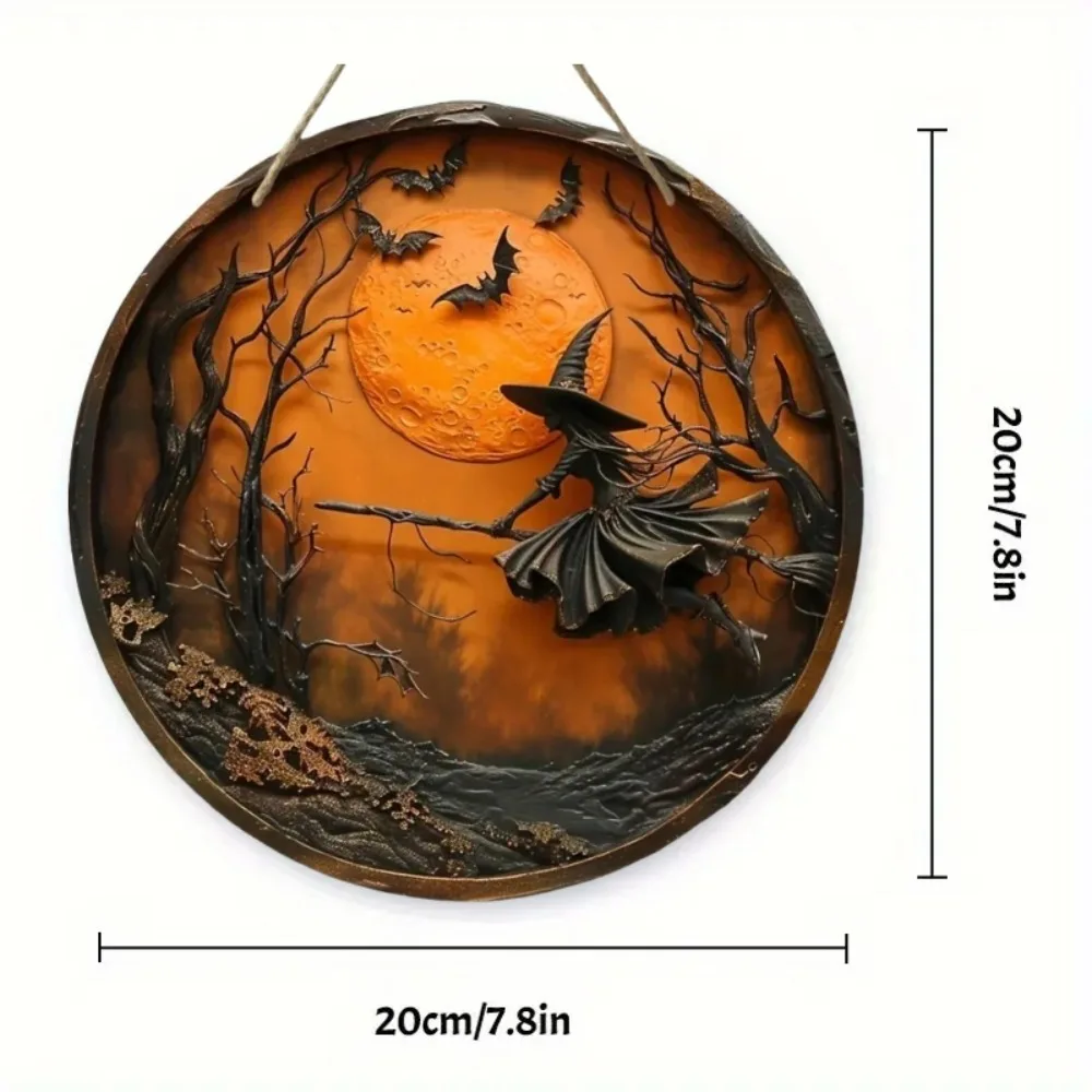 2D Retro Halloween Circular Wooden Sign - Witch, Bat, and Moon Design, Suitable for Home, Room, Office, Party Decoration, Gifts