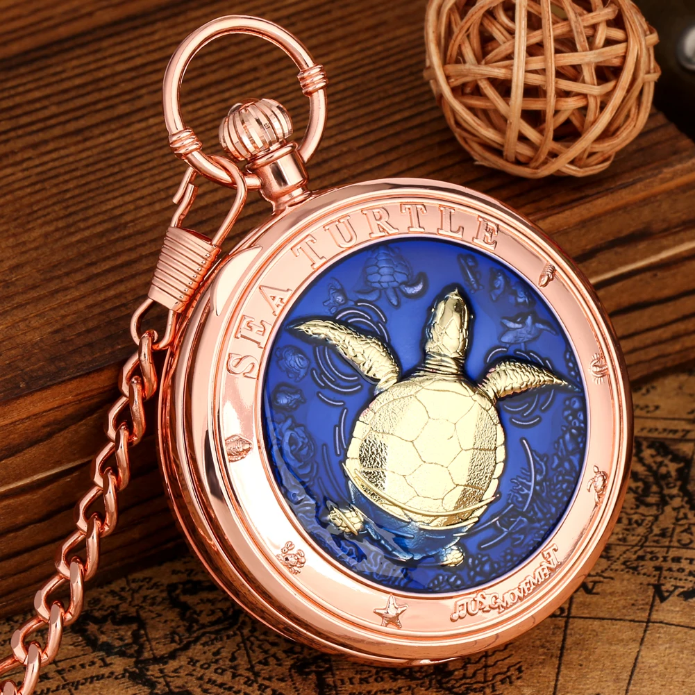 New Musical Pocket Watch Men\'s Fob Chain Pendant Clock Unique Sea Turtle Pattern Music Movement Timepiece Gifts for Husband Boy