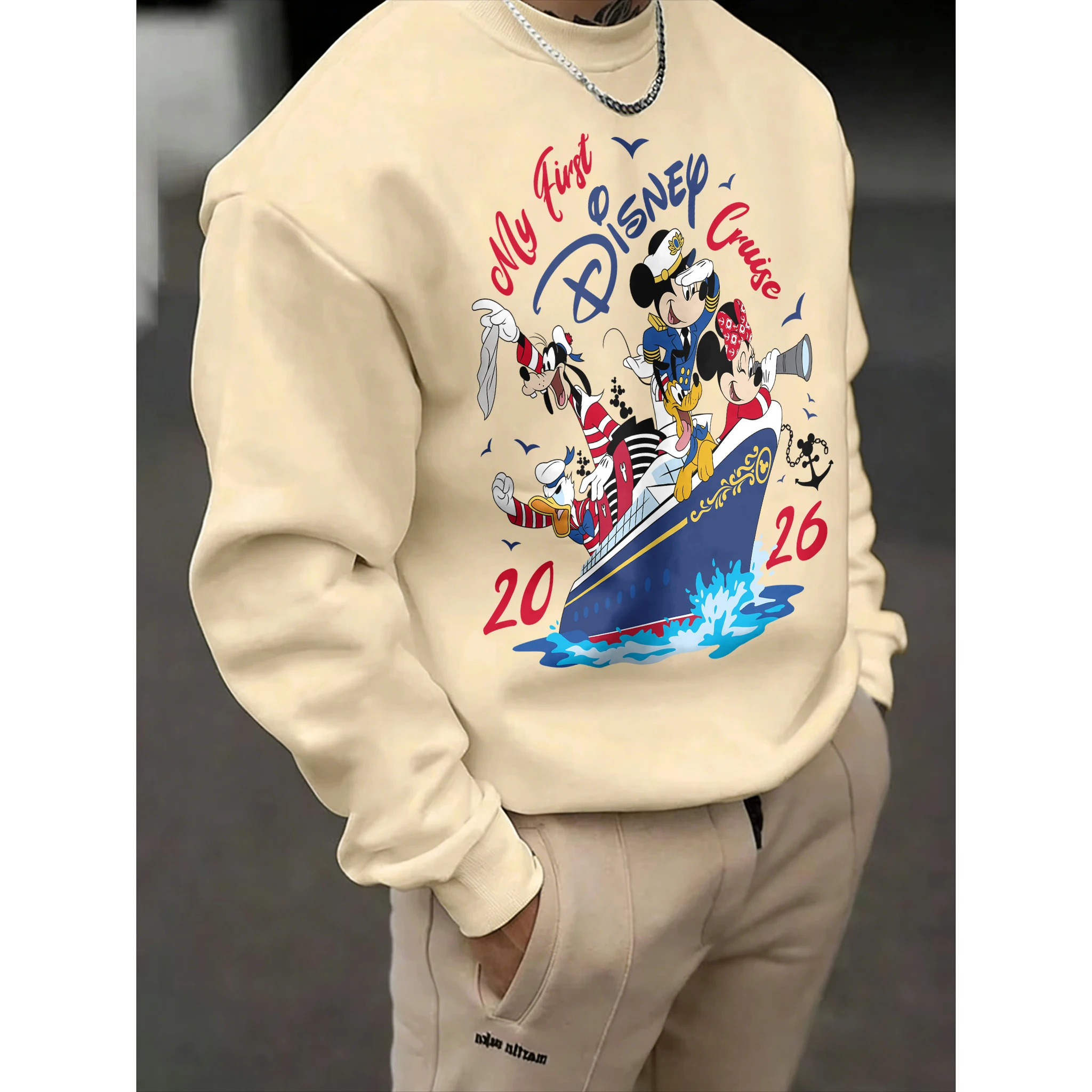 

Мужской свитер с круглым вырезом и графическим принтом, осенне-зимняя коллекция 2026, модный, с начесом, из хлопка, теплый, свободный, повседневный, как куртка