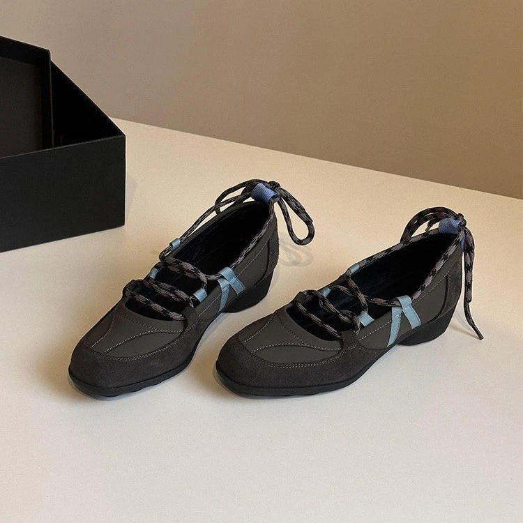 Bailarinas de punta redonda a la moda para mujer, zapatos Mary Jane de suela suave concisa poco profundos con cordones de gamuza sintética, zapatos informales de marca para mujer
