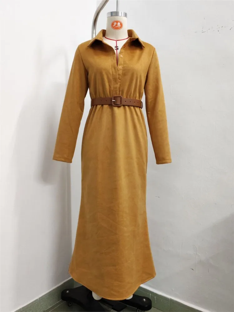 Women's Minimalist Solid Dress Fashion Belted Lapel Long Sleeves Shirts Dresses Spring Autumn Lady High Waisted Office Vestidos