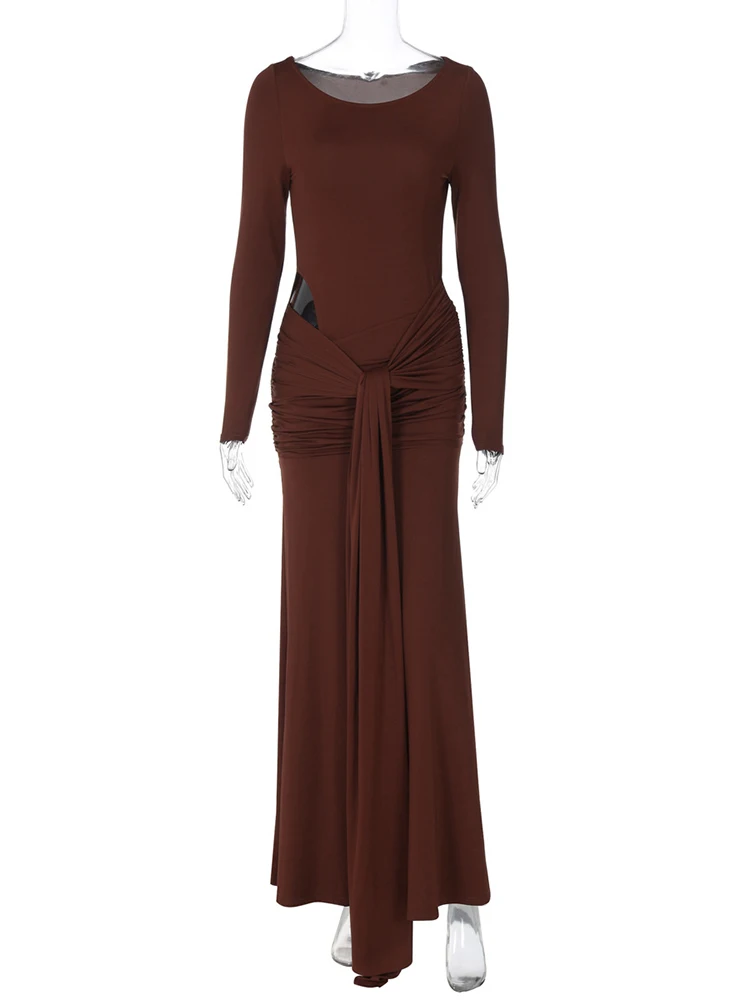 Oniflyme Manica Lunga Increspato Aderente Maxi Vestito Delle Donne O Collo Scava Fuori Fasciatura Sottile Partito Streetwear Femminile Elegante Abiti Sexy