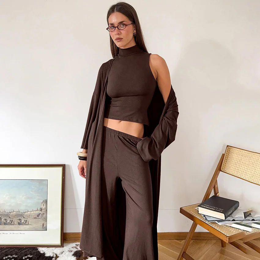 

Hiloc Elegant Autumn Women'S Pajamas 3-Piece Set Solid Long-Sleeve Top Turtleneck Exposed Navel Vest Elastic Waist Trousers 2025