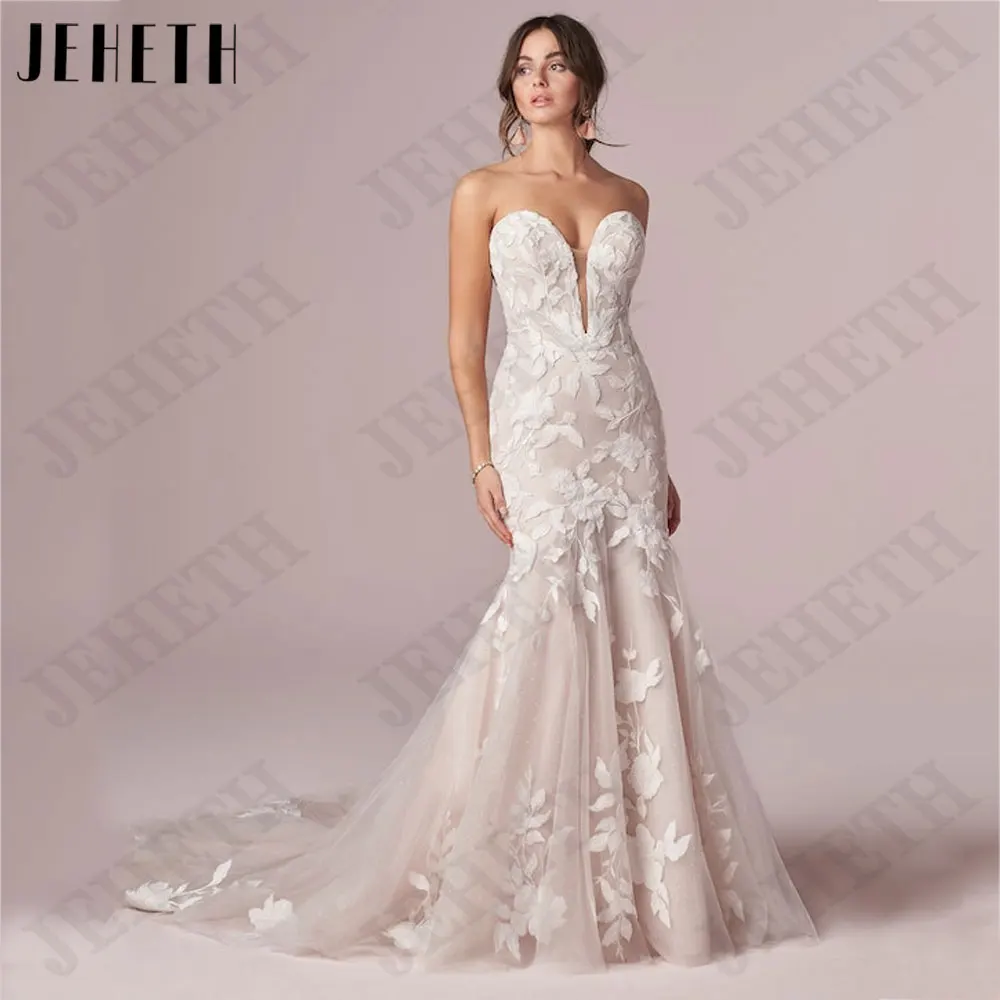 JEHETH Strapless Mermaid Appliques Wedding Gowns Sweetheart Neck Backless Bride Dresses Sleeveless Back Buttons robes de mariée