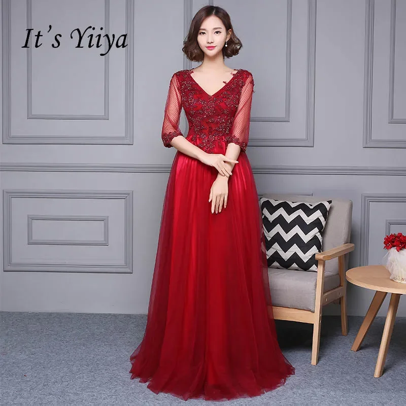 

It's YiiYa Customized Evening Dress Wine Red Beads Appliques V-neck Half Sleeves Zipper A-line Floor Length Plus size Woman Gown