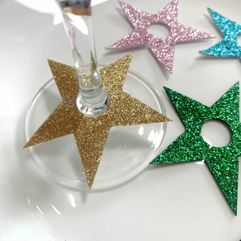 Star Glitter Felt Theme Wine Glass Charms, Happy New Year Goblet Tags, Drink Markers, Buckle Design, Festival, Home Decor, 12Pcs