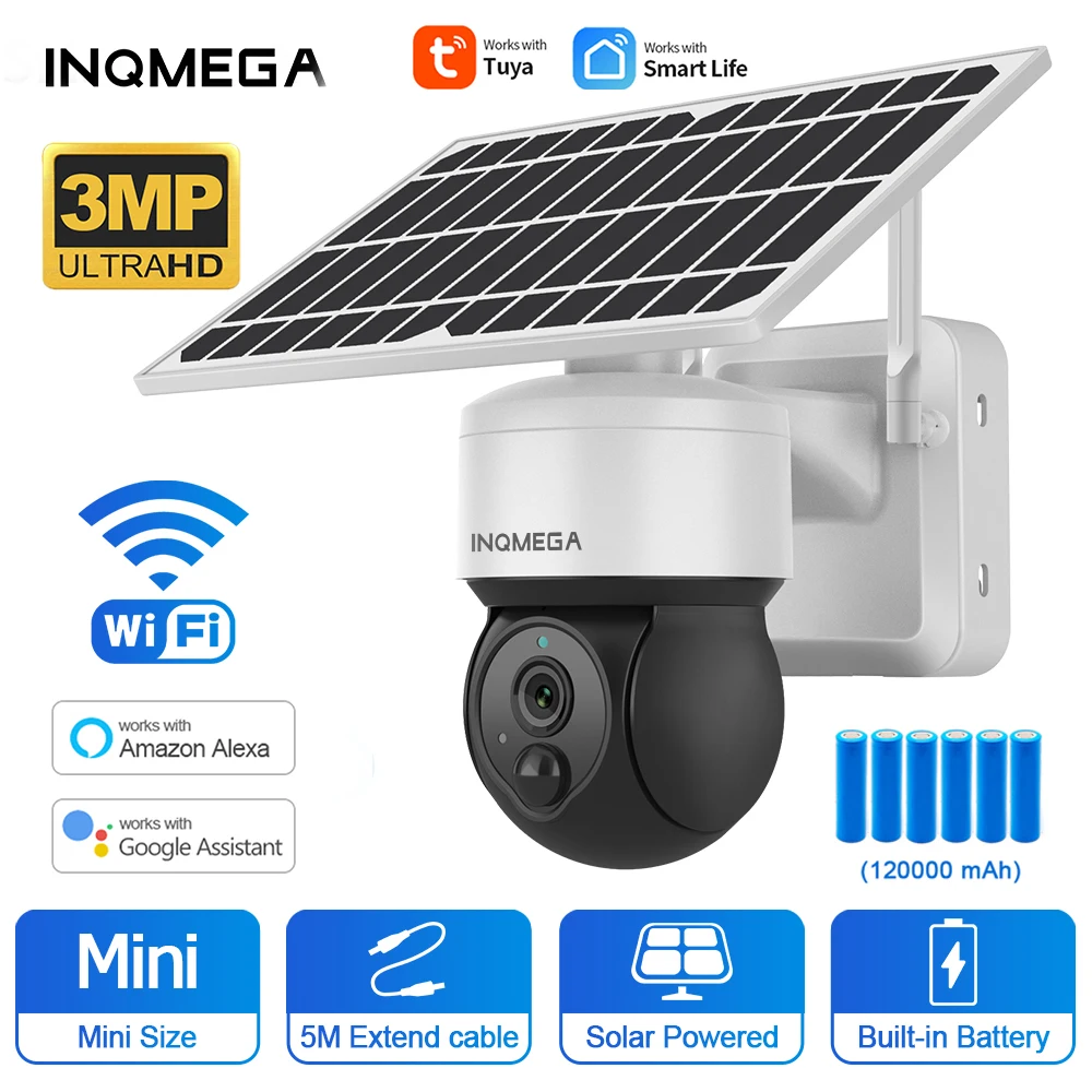 INQMEGA 3MP WIFI Solar Surveillance Camera Tuya Smart Cloud 6W Solar Panel Security Camera WIFI Outdoor Alexa Google Monitor CAM