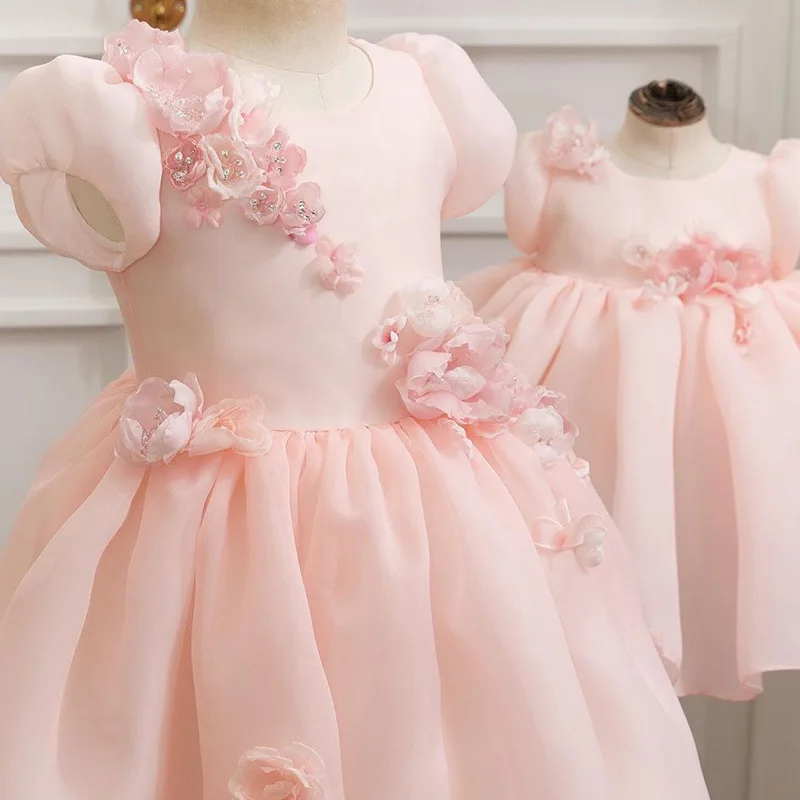 Customized Ball Gown Puff Sleeve Elegant Flower Girls Dresses Appliques Temperament O-neck Birthday Party Vestidos Simple Prince