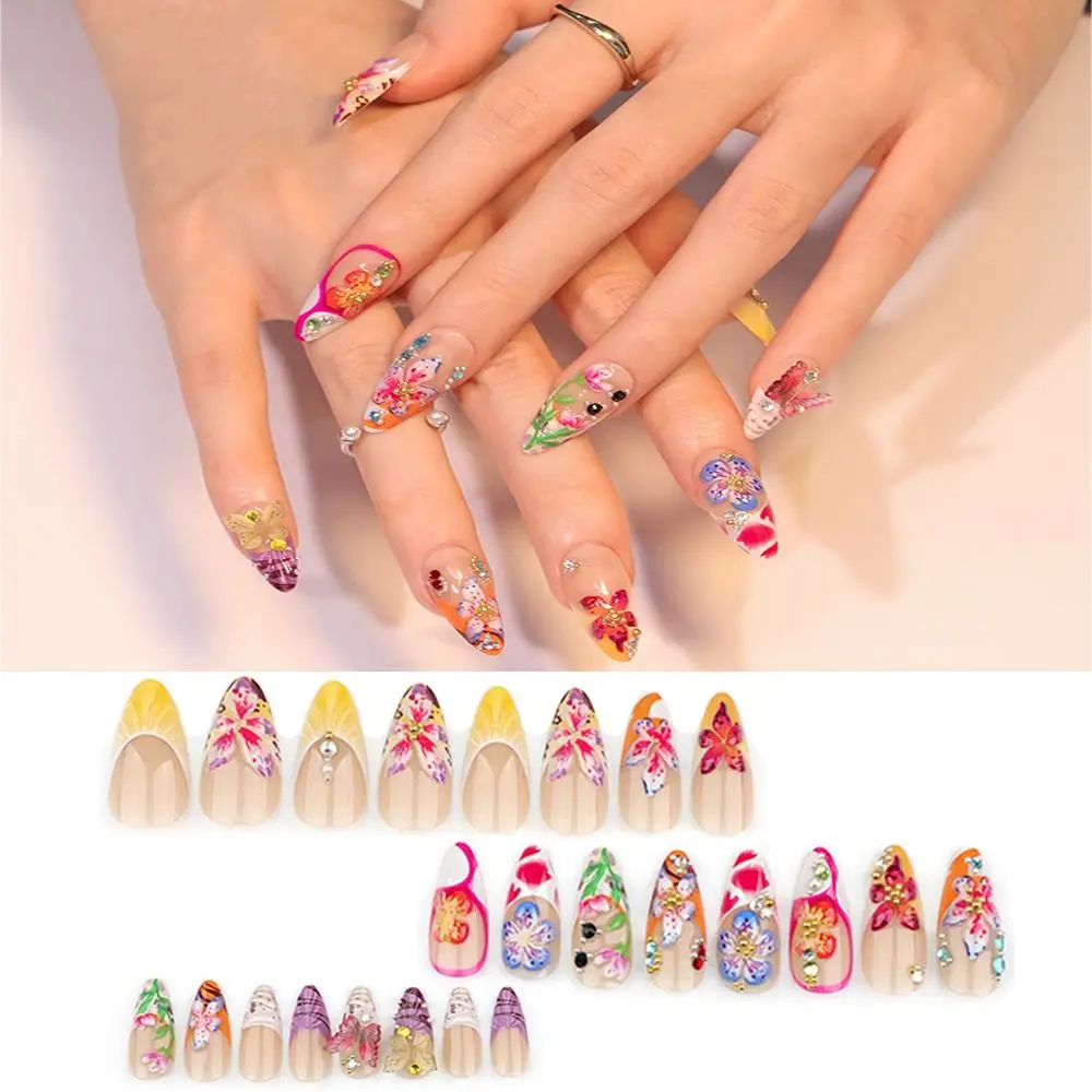 

24 шт. красочные накладные ногти тропические цветы креативные печатные накладные ногти наклейки носимые полное покрытие