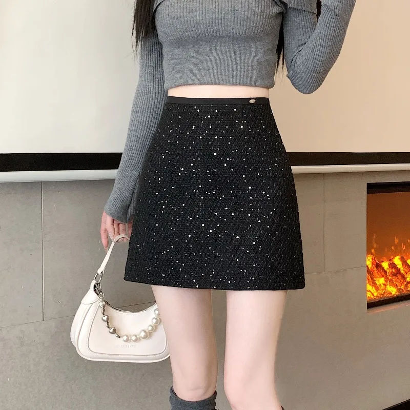 Female Spring Autumn High Waist A-Line Fragrant Shining Apricot Half Length Skirt Women