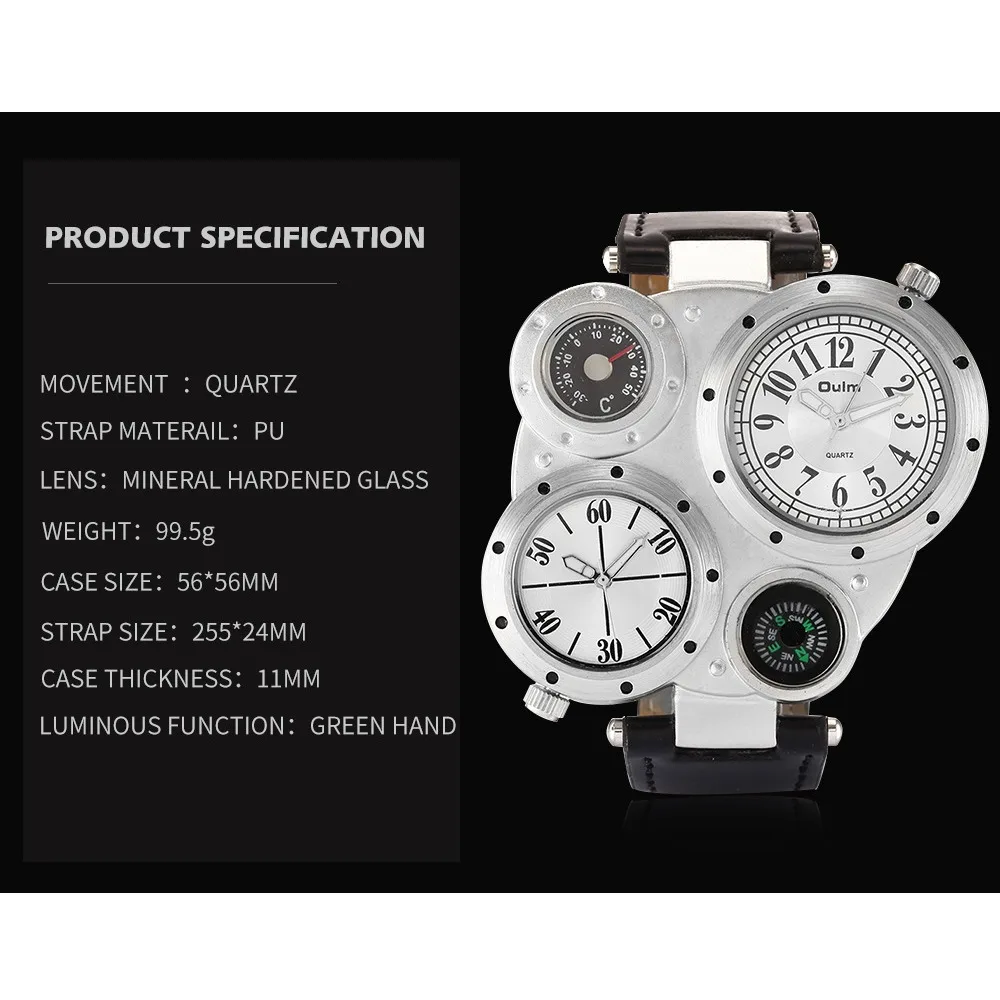 OULM Brand New Style Irregular Dial Leather Strap Mens Military Sport Quartz Wrist Watch Two Time Zone Unique Male Quartz Watch