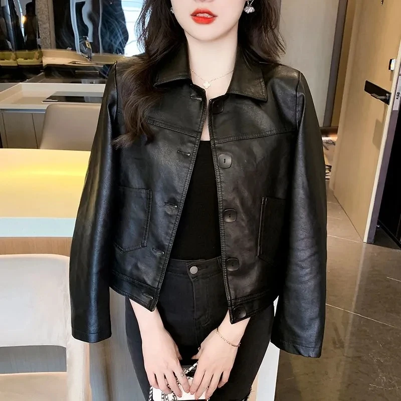 

Women's Versatile High end Washed Leather Jacket Female Design Sense Motorcycle Top Black Spring Autumn Short PU Leather Jacket