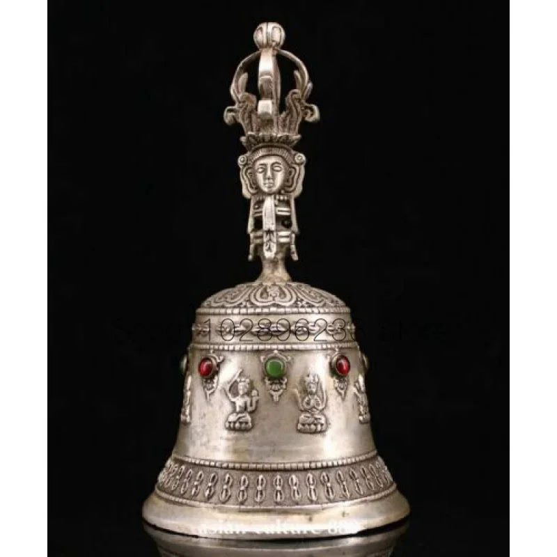 

7" Old Tibet Buddhism Miao Silver Copper Gem Guan Yin Goddess Buddha Bell clock
