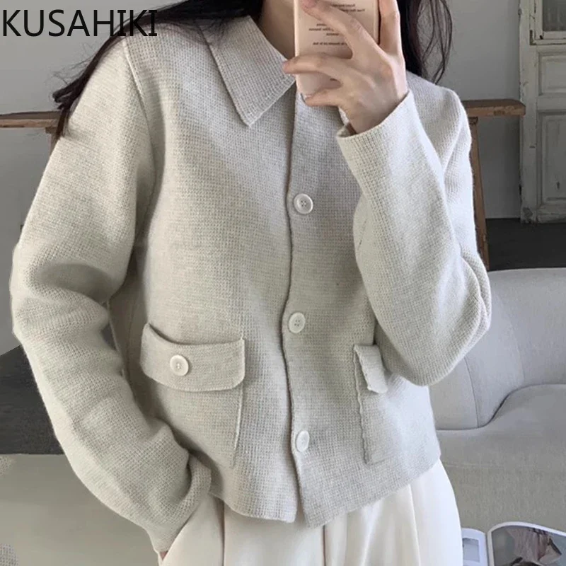 KUSAHIKI Korean Chic Autumn Winter Vintage Turn-down Collar Single Breasted Pockets Causal Knitted Cardigan Sweater Coat Women