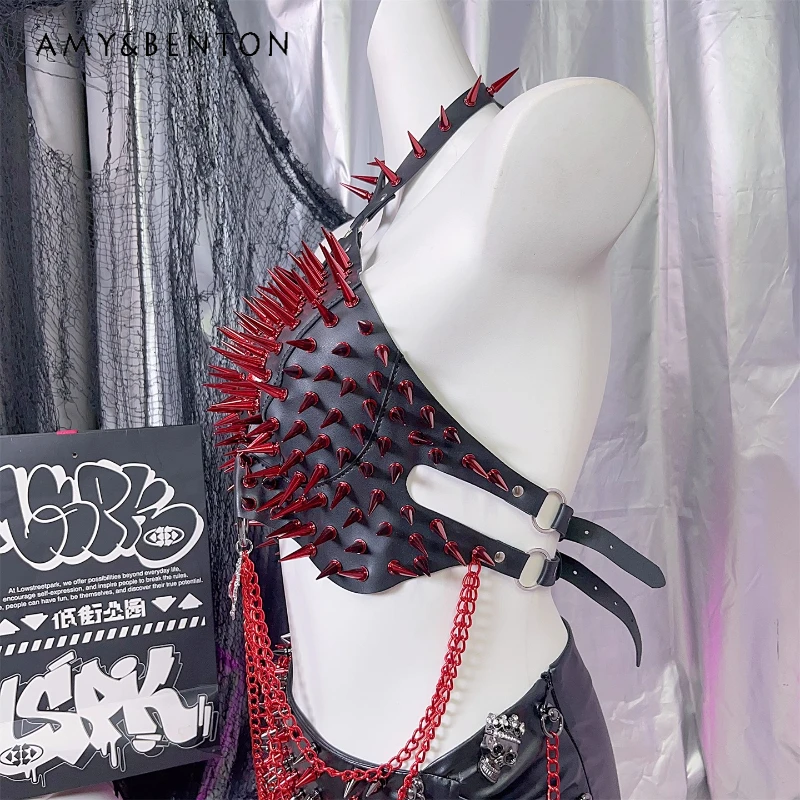 

Punk Red Rivet Heart Chain PU Leather Sling Vest Ladies Gothic Subculture Y2K Hot Girl European American Sexy Women's Clothing