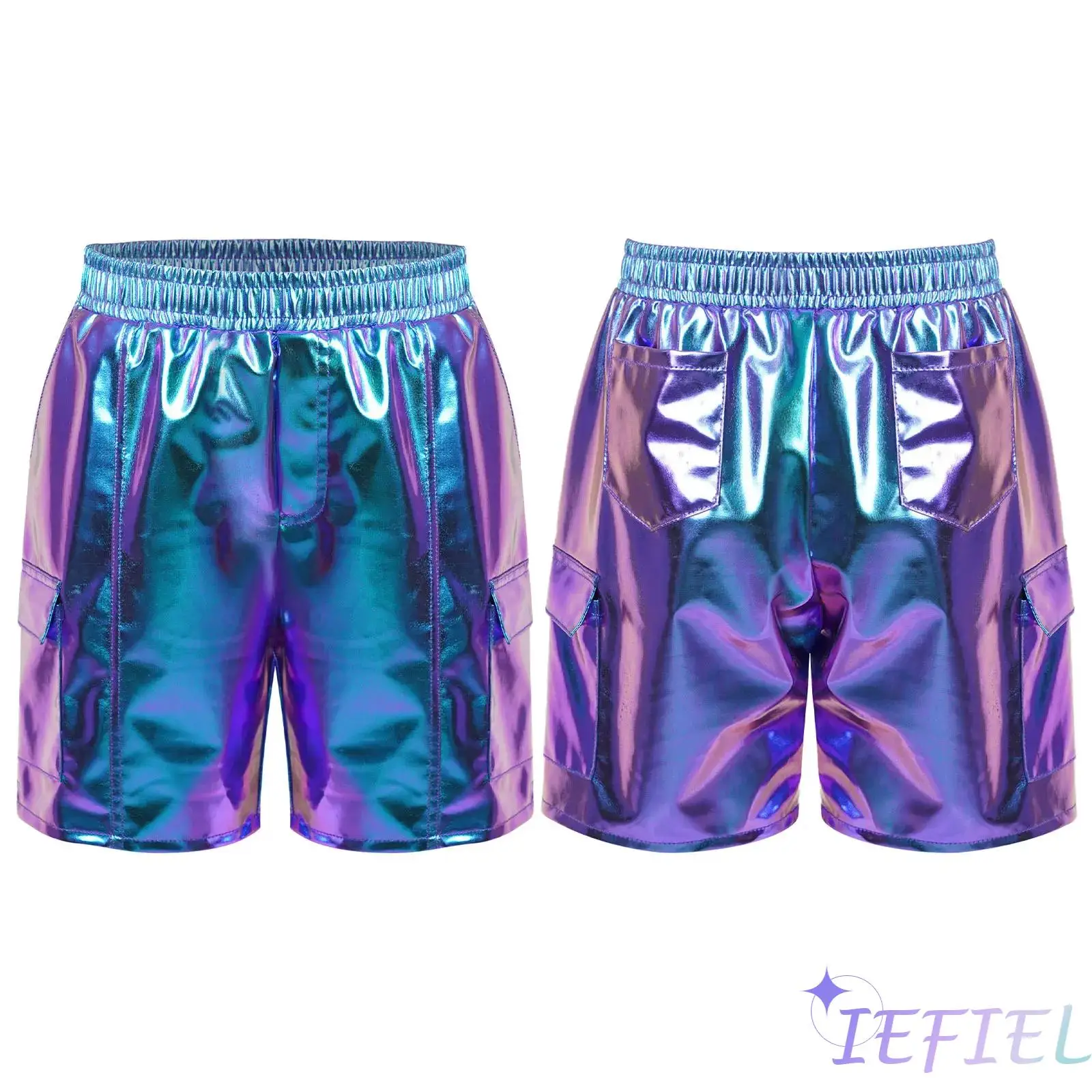 

Girls Hip-Hop Jazz Dance Costume Elastic Waistband Metallic Shiny Cargo Shorts Safety Trousers for Jazz Dance Stage Performance