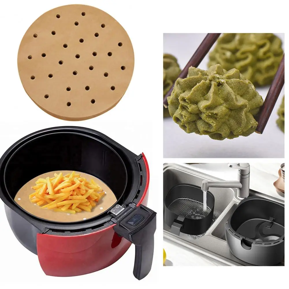 100Pc/Bag Air Fryer Steamer Liners Premium Perforated Wood Pulp Papers Non-Stick Steaming Basket Mat Baking Utensils For Home