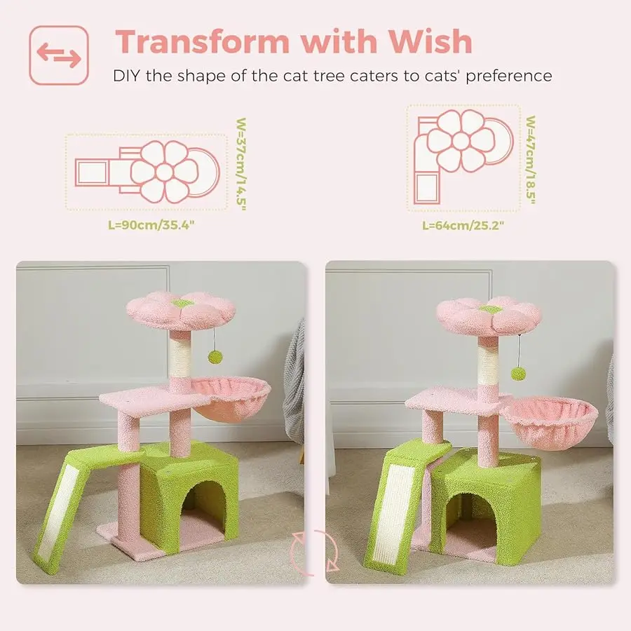 شجرة القطط الزهرية من PETEPELA للقطط الداخلية، شقة القطط الصغيرة مقاس 32 بوصة مع منحدر خدش السيزال، أرجوحة مريحة وقابلة للإزالة #2