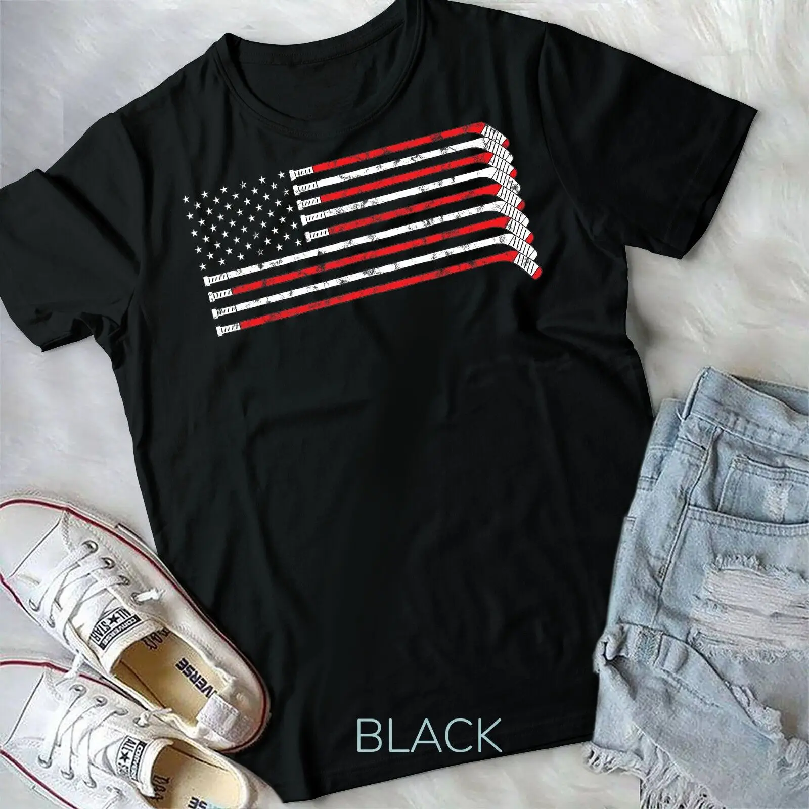 Hockey Stick USA Flag Faded Hockey Player T-shirt Unisex T-shirt