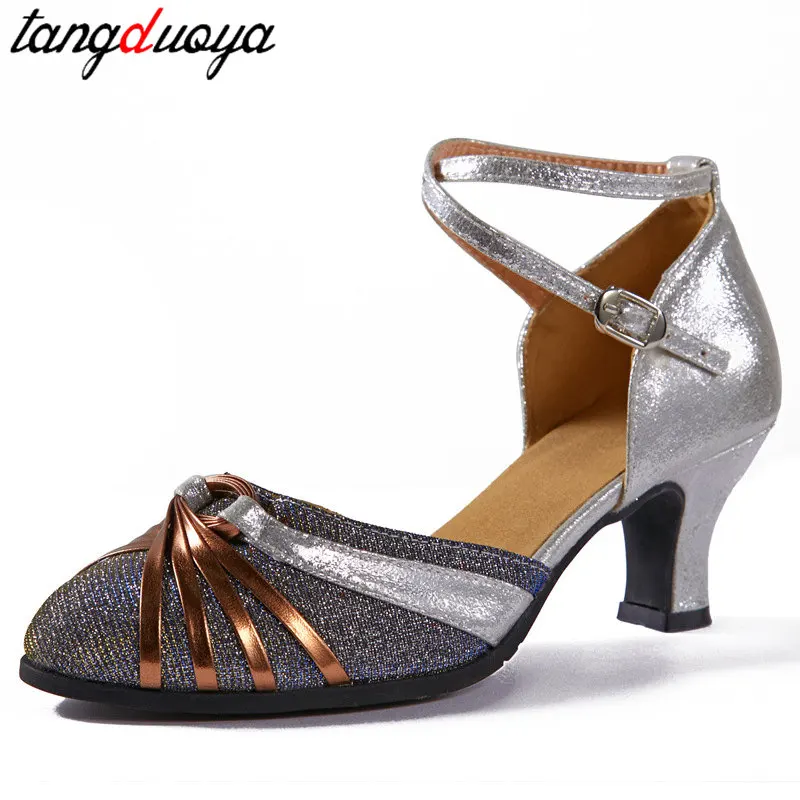 Zapatos de baile de Jazz de salón para mujer, zapatos de baile latino, suela de goma para exteriores, Punta cerrada, tacones altos de 5,5 cm