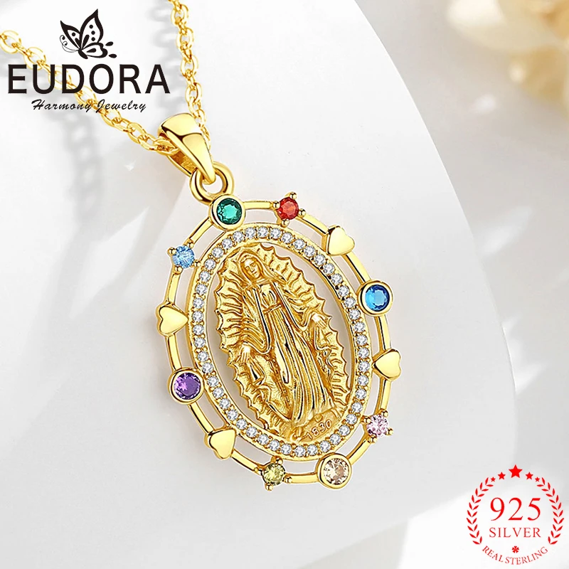 

Ожерелье Eudora Девы Марии, стерлинговое серебро 925 пробы, позолоченное 18-каратное золото, медальон «Мать Бога», кулон, религиозные украшения для женщин и мужчин