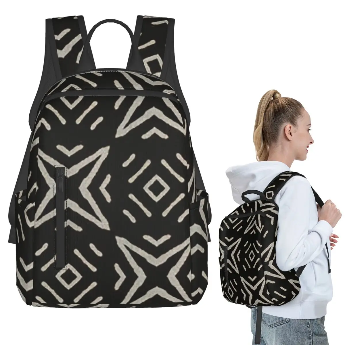 

Black With Geometric Black And White Mudcloth Backpack Student BookBag Kids School Bag Laptop Shoulder Bags Men Women