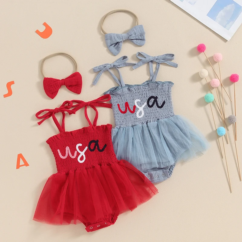 

Goocheer Baby Girl Summer Jumpsuit 4th of July Letter Print Sleeveless Romper Dress and Headband Set Cute Fashion Clothes Outfit