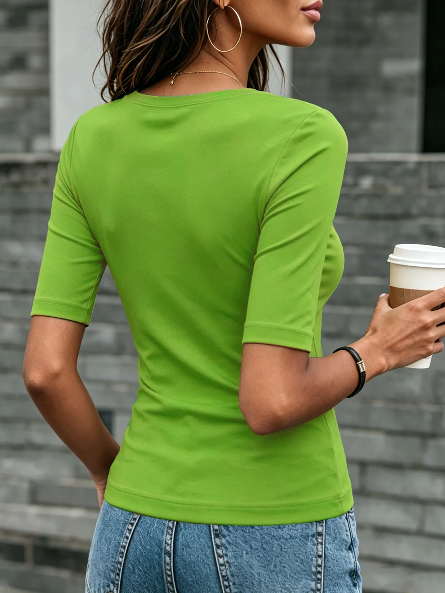 Einfarbiges, großes U-Ausschnitt-Strick-T-Shirt mit Dreiviertelärmeln für Damen, schmale Passform, dehnbar, einfaches Basic-Shirt, europäischer und amerikanischer schlichter Stil, geeignet für den Alltag und das Pendel – Detail 9