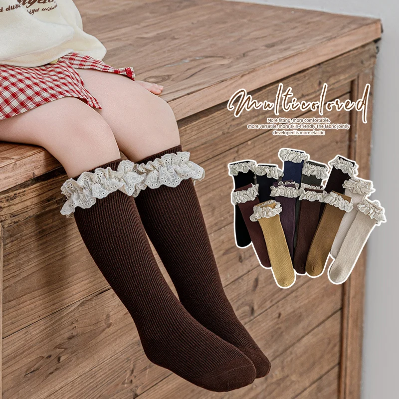 

Очаровательные носки до середины икры для маленьких девочек, вневременные винтажные кружевные чулки с рюшами и манжетами, теплые детские гольфы выше колена, длинные носки