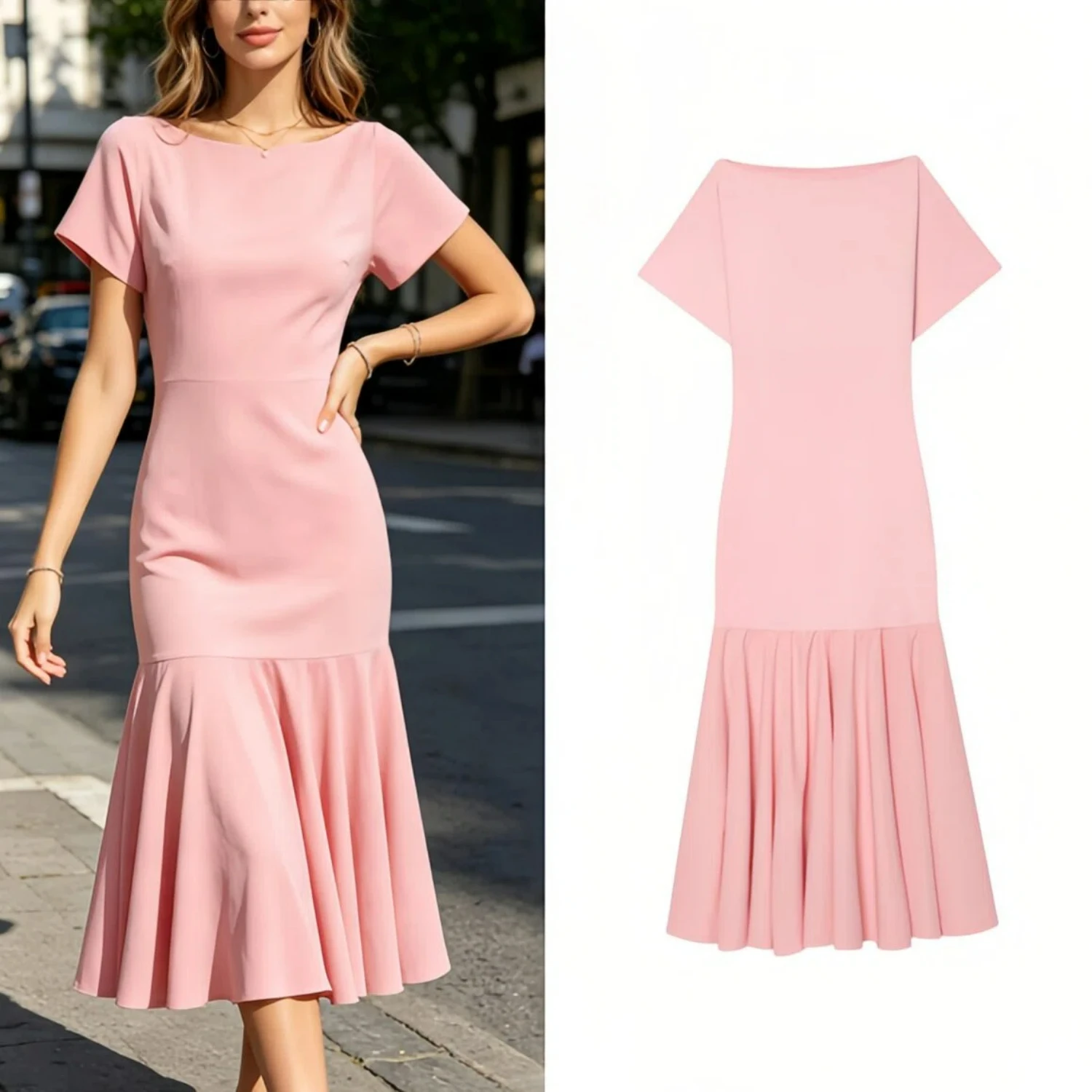 Elegantes Streetwear-Chic Damen-Maxikleid mit O-Ausschnitt, kurzen Ärmeln, Reißverschluss und drapiertem Design – Modisches Sommerkleid 2026 für den Urlaub