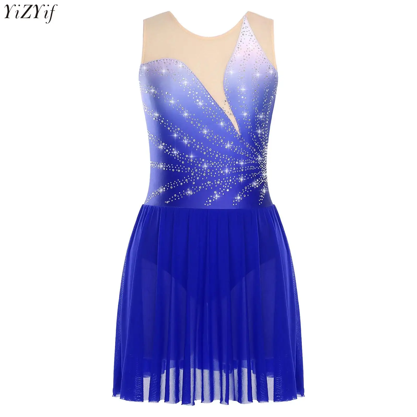 

Women's Figure Skating Dress Rhinestones Mesh Patchwork Sleeveless Ballet Lyrical Dance Leotards Dress for Competition Costume