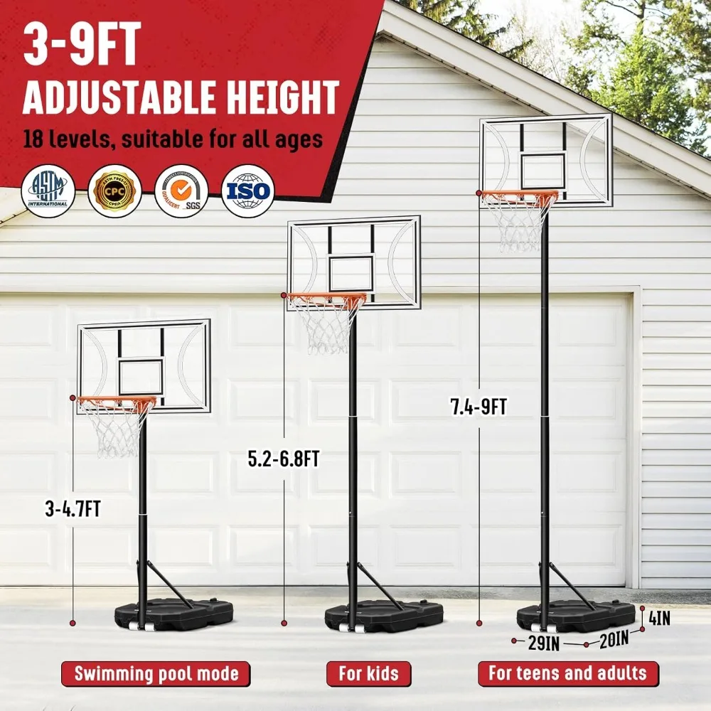 In hoogte verstelbare basketbalring voor gebruik binnen en buiten, 32 bord, 3 meter hoogtes, draagbaar zwembaddoel