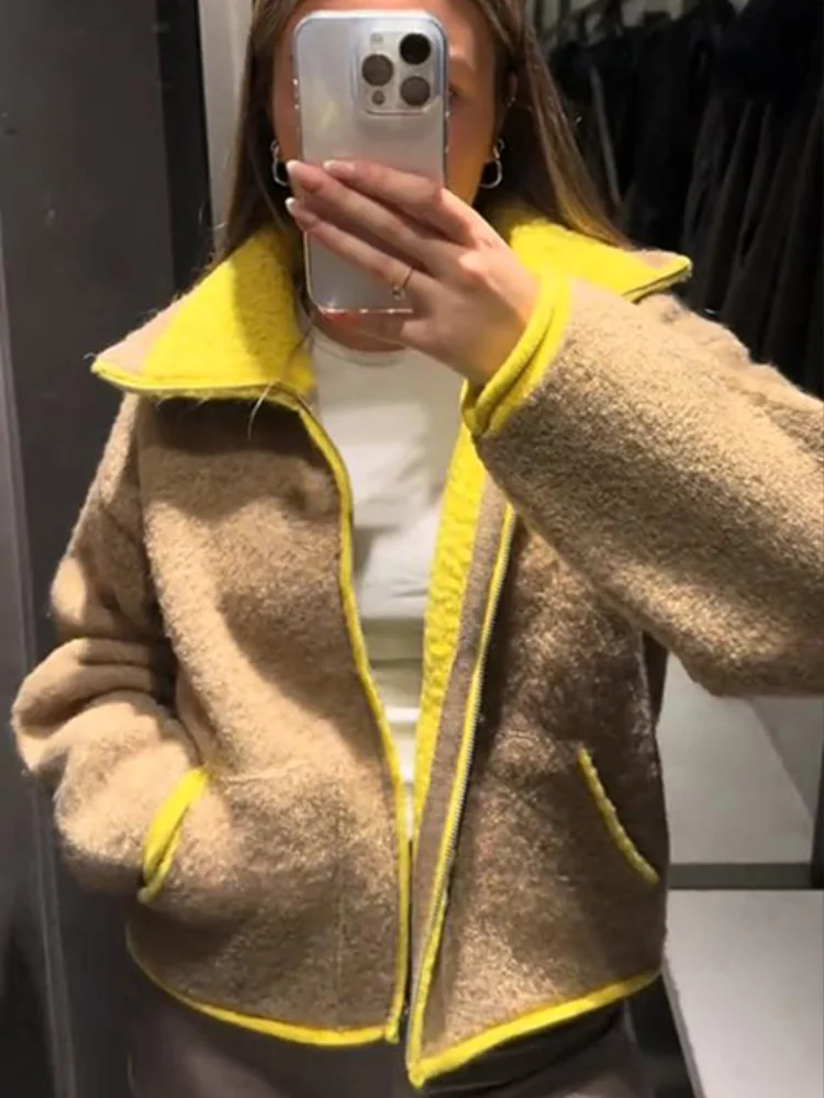 2026 ربيع جديد التباين سترة مشغولة من الصوف جاكيتات للنساء أنيقة طويلة الأكمام جيوب سستة سترة الشارع سيدة شيك أبلى #3