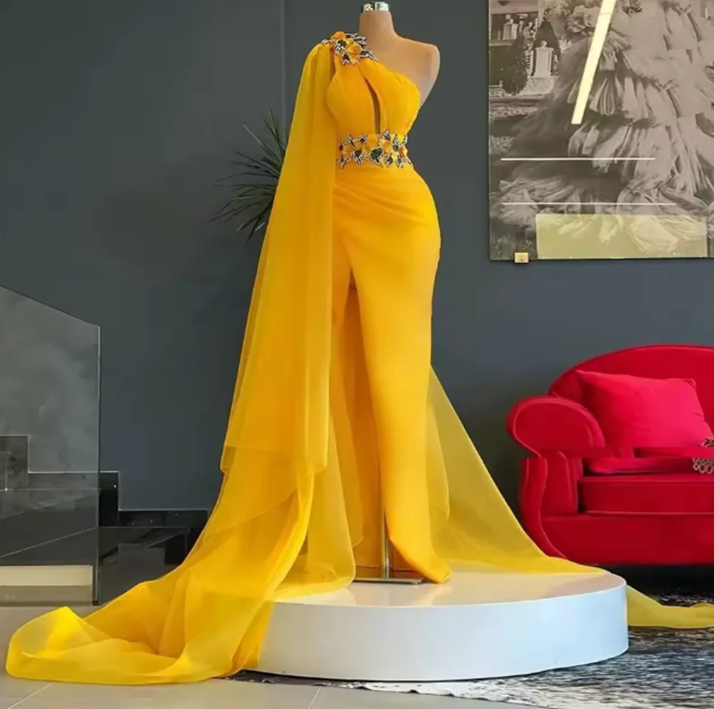 High Quality Yellow Prom Dress One Shoulder Appliques Slit Tulle Plus Size Women Long Formal Evening Party Elegant Gowns