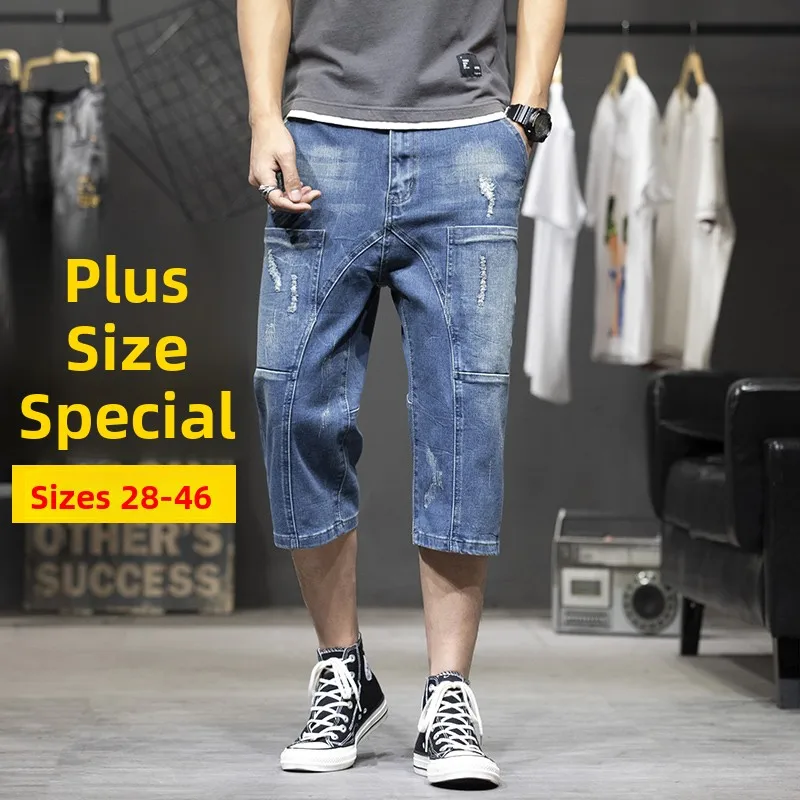 

Summer Thin Cotton Denim Shorts for Men with Multiple Pockets Loose Fit Seven Inch Length Trendy Workwear Faded Washed Jeans