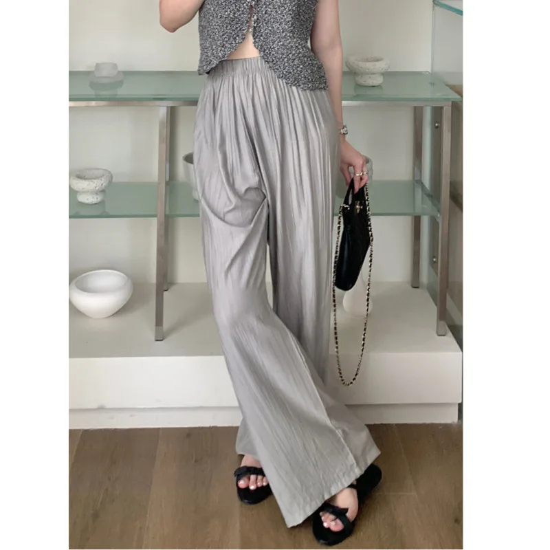 Summer Lightweight Loose Straight Pants Women Korean High Waist Breathable Slightly Wrinkled Casual Wide Leg Pants